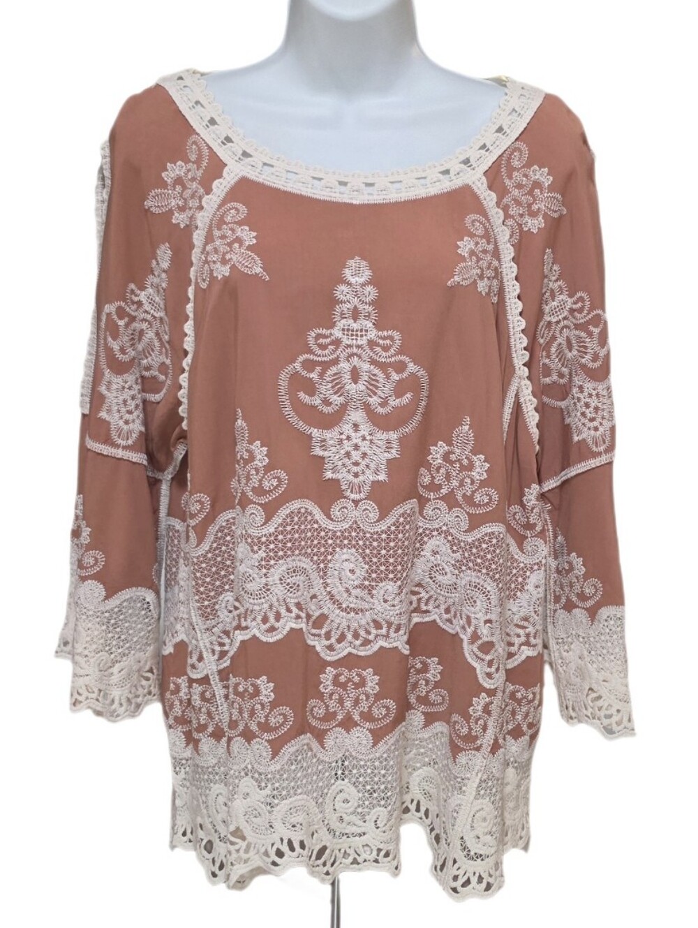 Democracy Embroidered Crochet Lace Boho Blouse Top 3/4 Bell Split Sleeve Size M